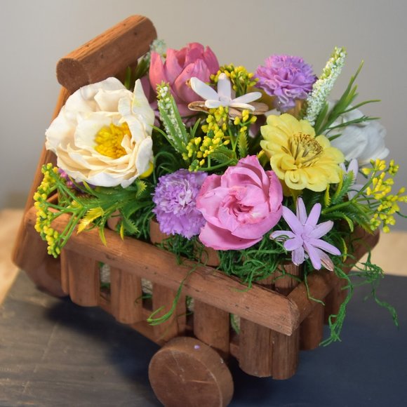 Cheerful garden arrangement of airbrushed Sola wood flowers in a garden cart - Picture 14 of 15